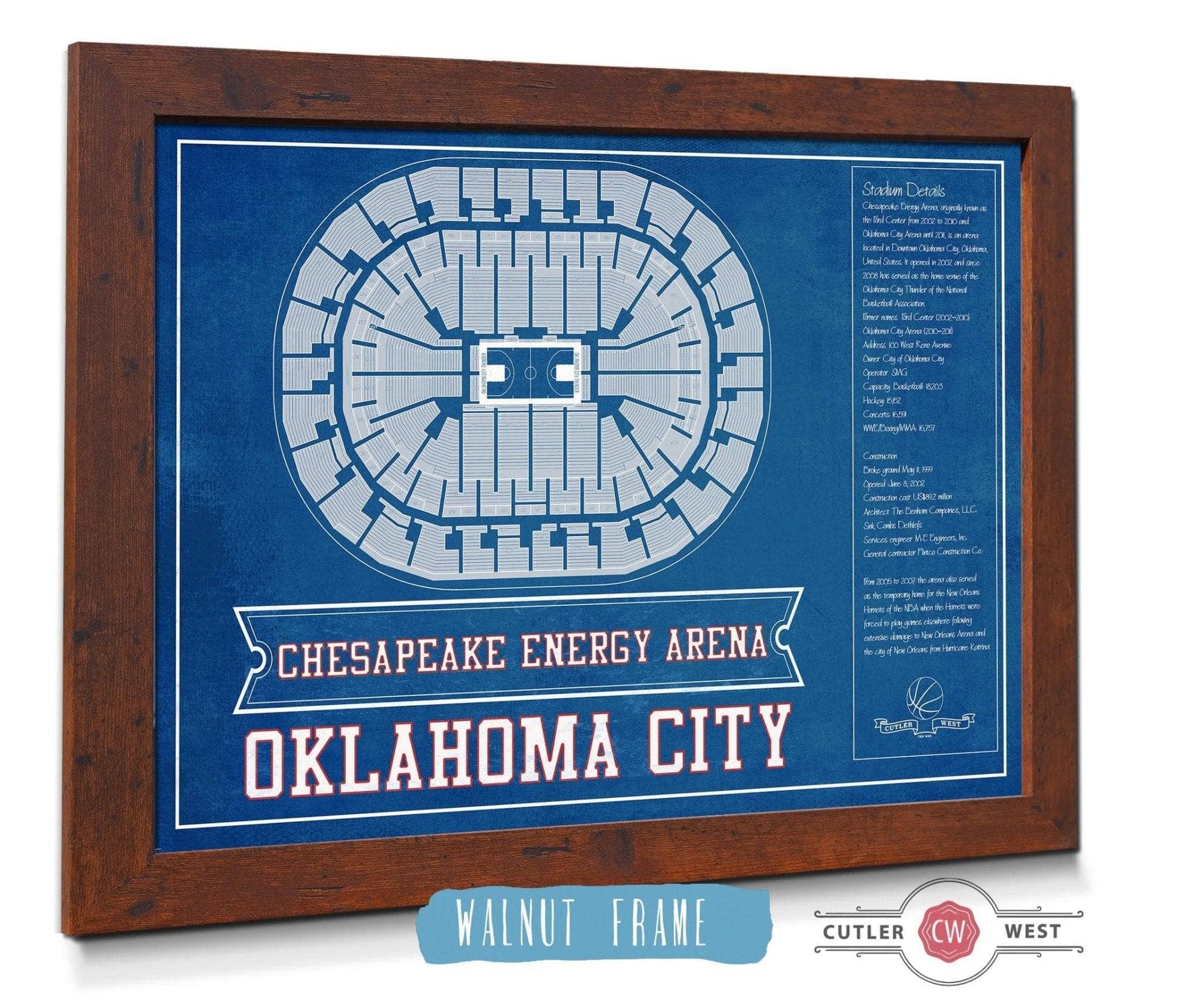 Cutler West Basketball Collection 14" x 11" / Walnut Frame Oklahoma City Thunder - Chesapeake Energy Arena Vintage Basketball Blueprint NBA Team Color Print 661241716-TEAM_77160