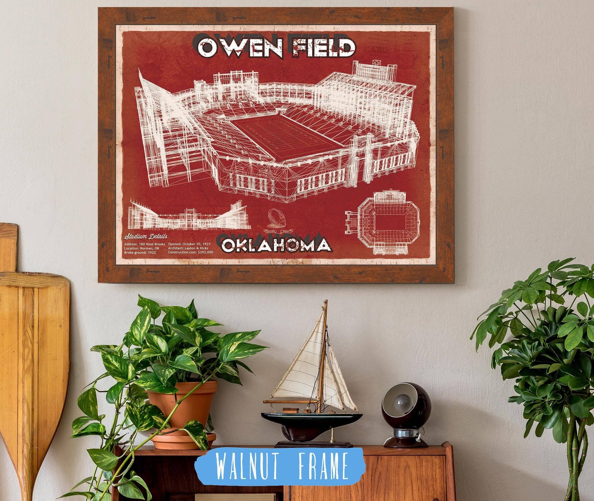 Cutler West College Football Collection 14" x 11" / Walnut Frame Oklahoma Sooners Football - Gaylord Family Oklahoma Memorial Vintage Stadium Blueprint Art Print 640140800-TOP_70100