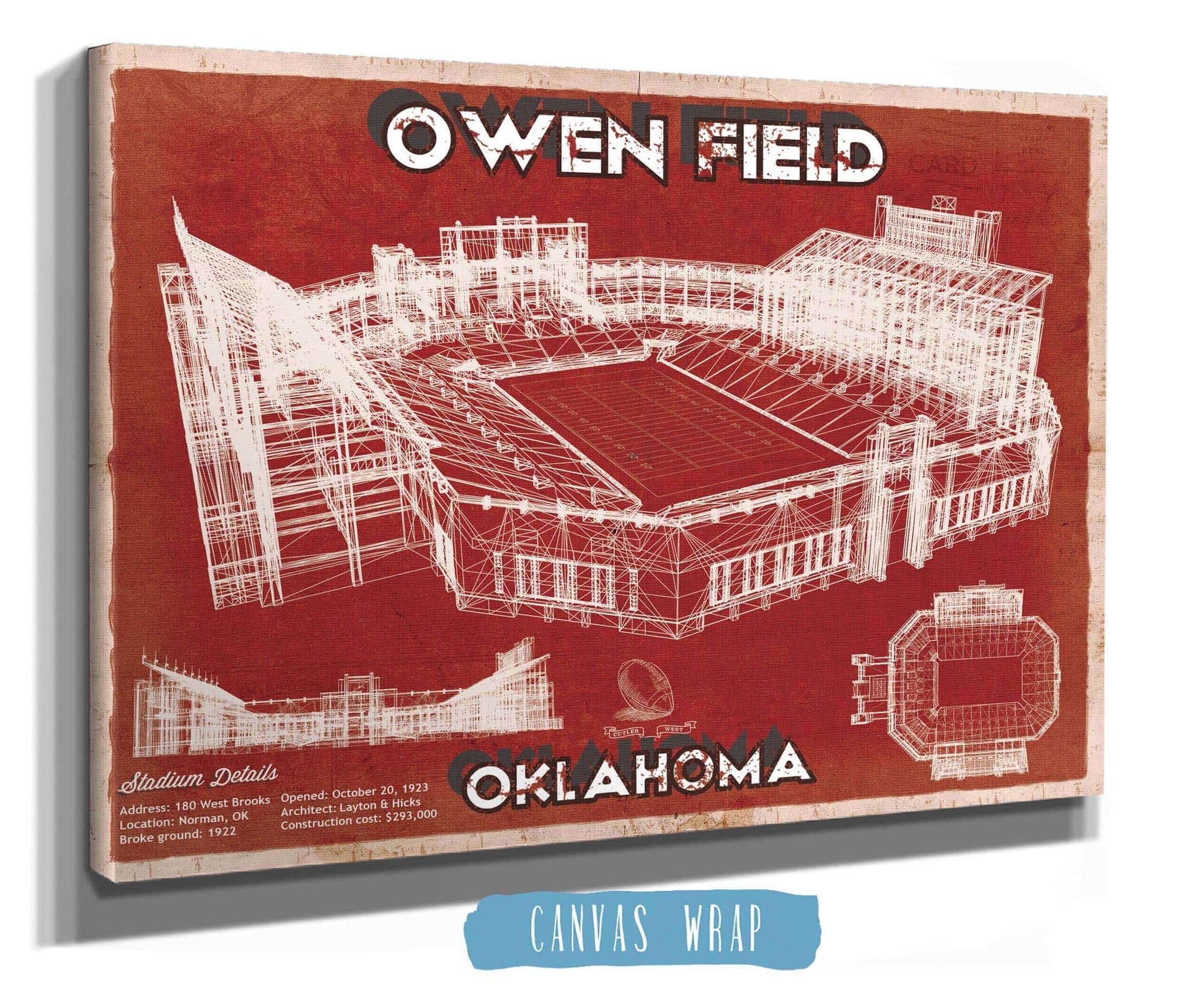 Cutler West Oklahoma Sooners Football - Gaylord Family Oklahoma Memorial Vintage Stadium Blueprint Art Print