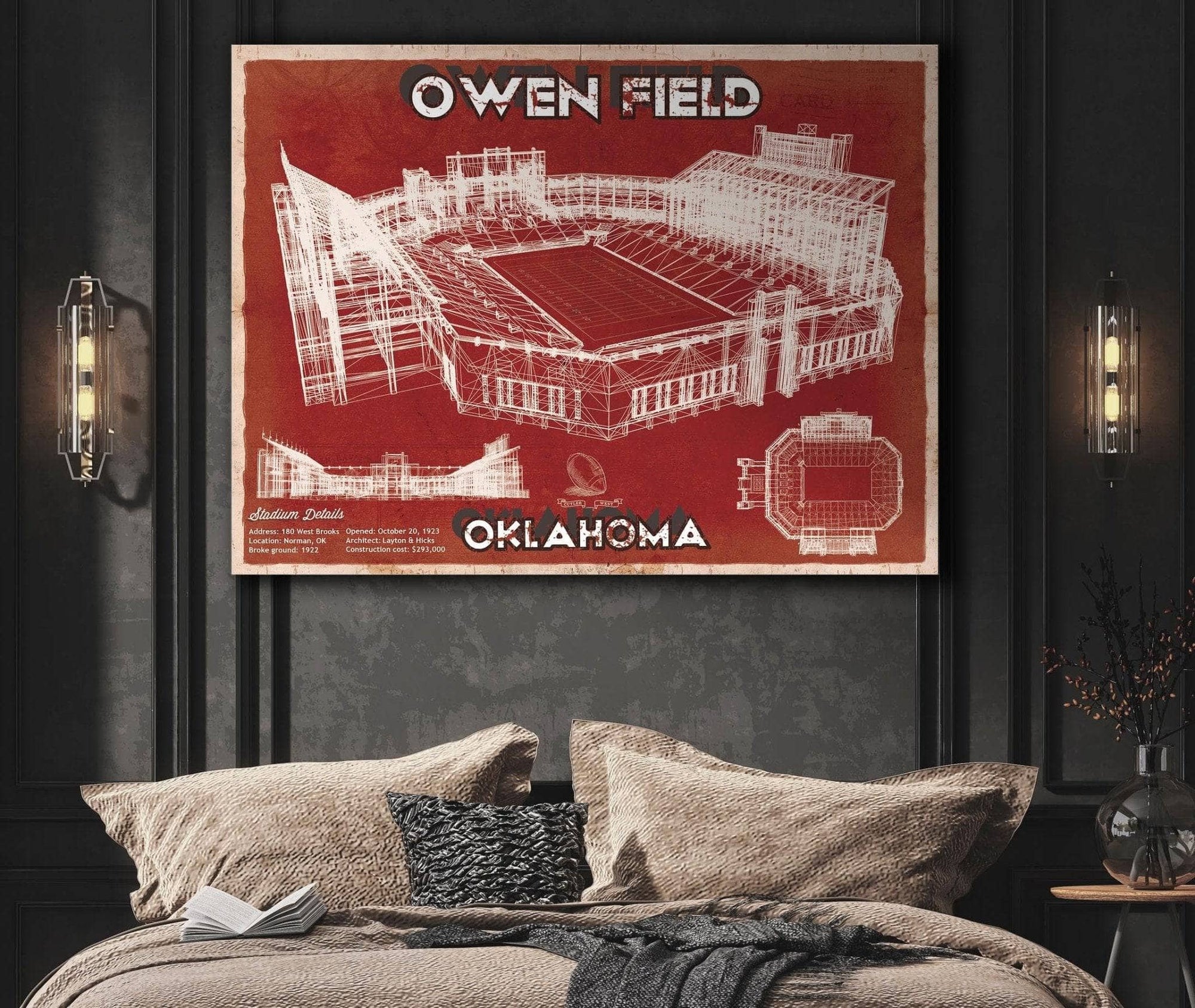 Cutler West Oklahoma Sooners Football - Gaylord Family Oklahoma Memorial Vintage Stadium Blueprint Art Print