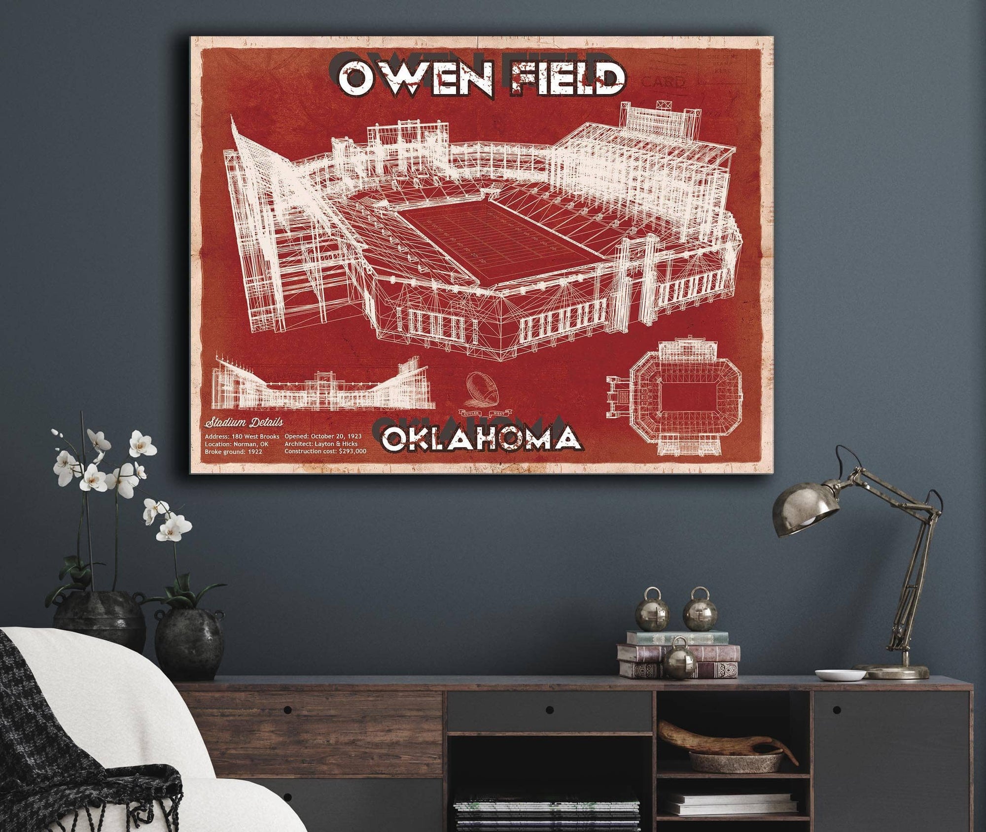 Cutler West Oklahoma Sooners Football - Gaylord Family Oklahoma Memorial Vintage Stadium Blueprint Art Print