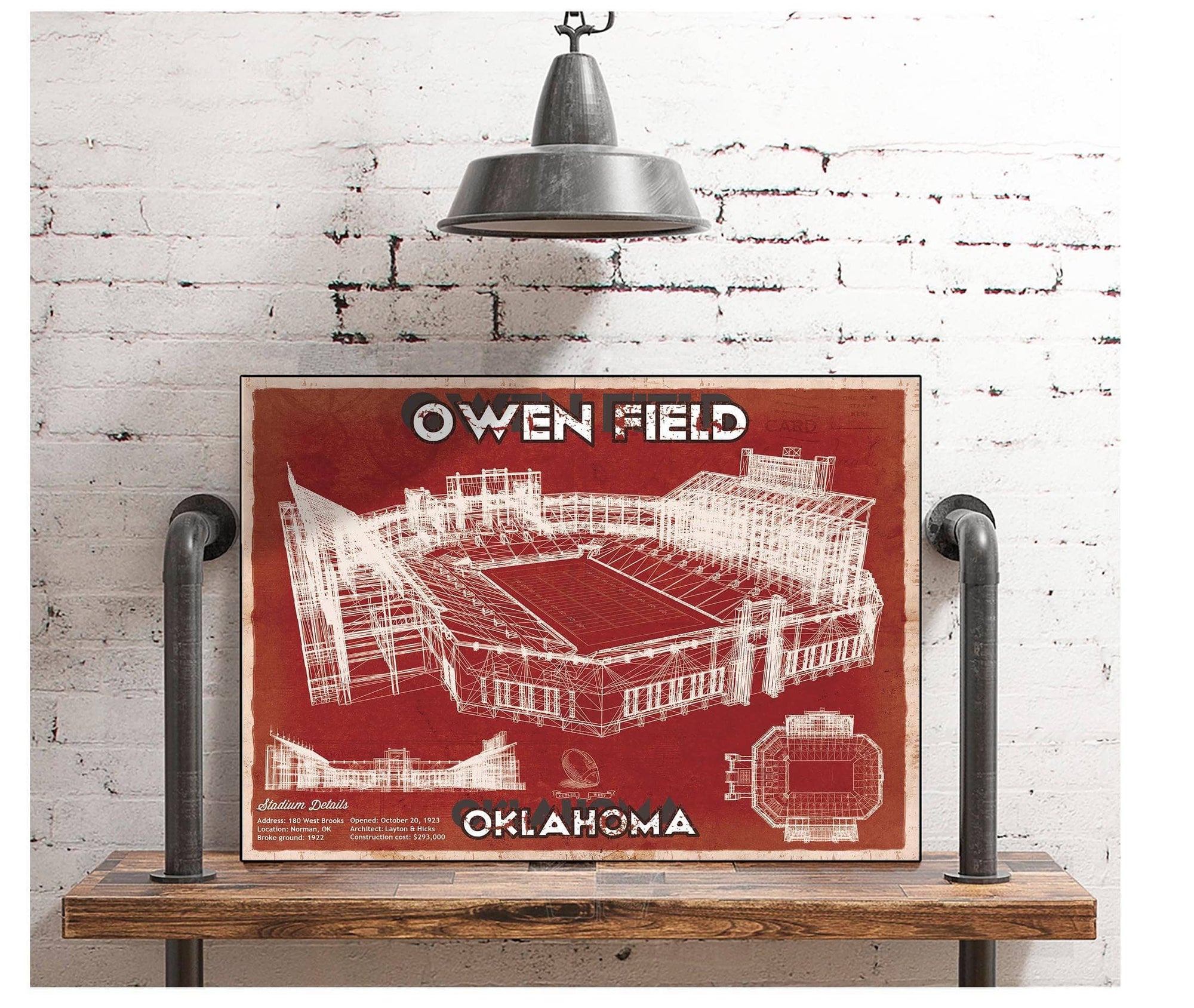 Cutler West Oklahoma Sooners Football - Gaylord Family Oklahoma Memorial Vintage Stadium Blueprint Art Print