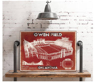 Cutler West Oklahoma Sooners Football - Gaylord Family Oklahoma Memorial Vintage Stadium Blueprint Art Print