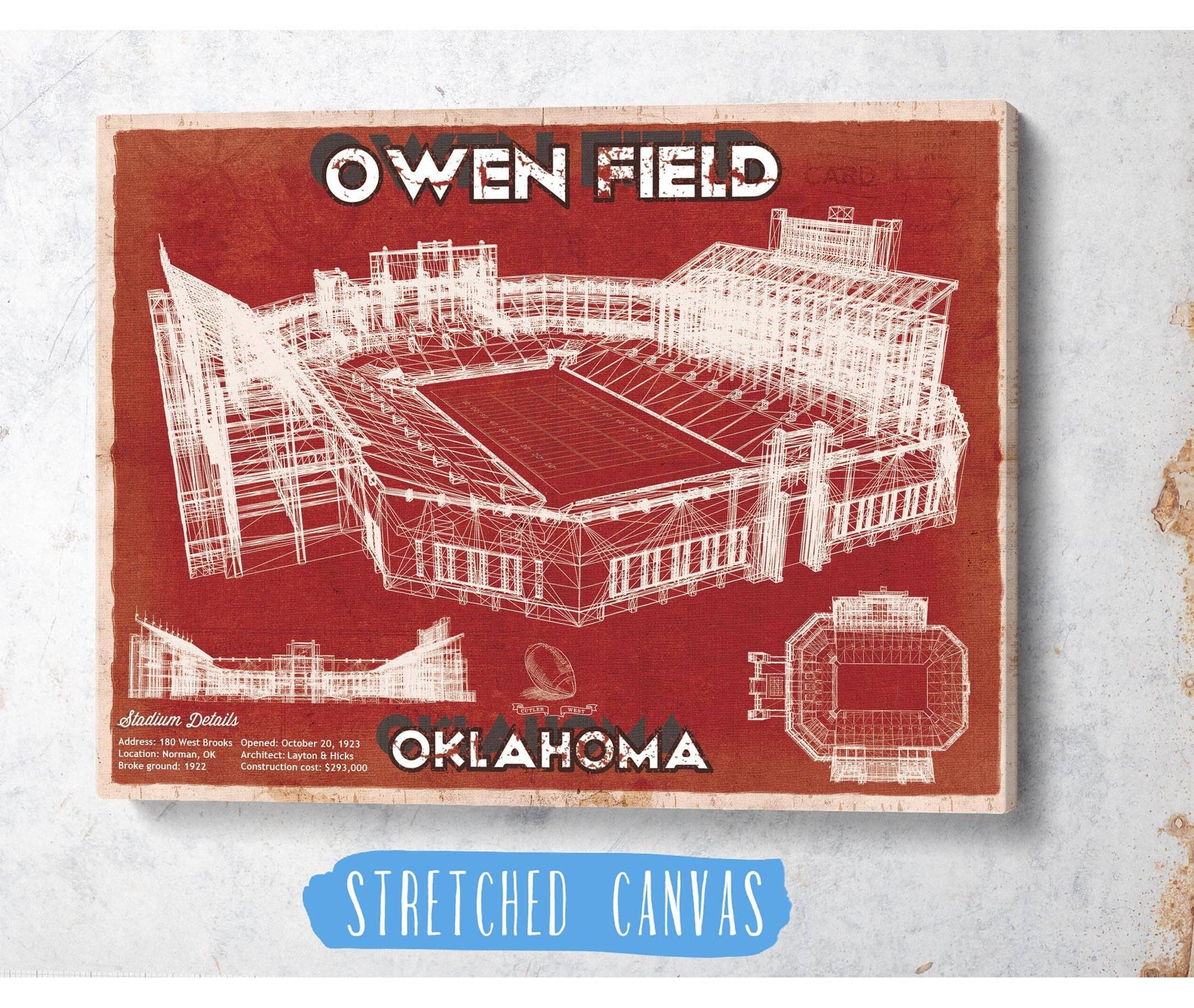Cutler West Oklahoma Sooners Football - Gaylord Family Oklahoma Memorial Vintage Stadium Blueprint Art Print