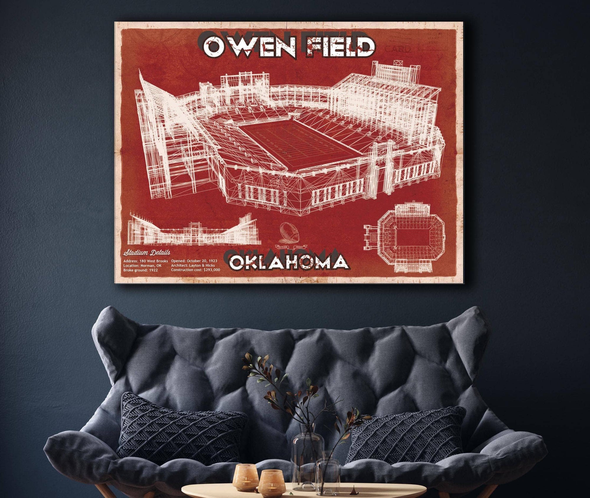 Cutler West Oklahoma Sooners Football - Gaylord Family Oklahoma Memorial Vintage Stadium Blueprint Art Print