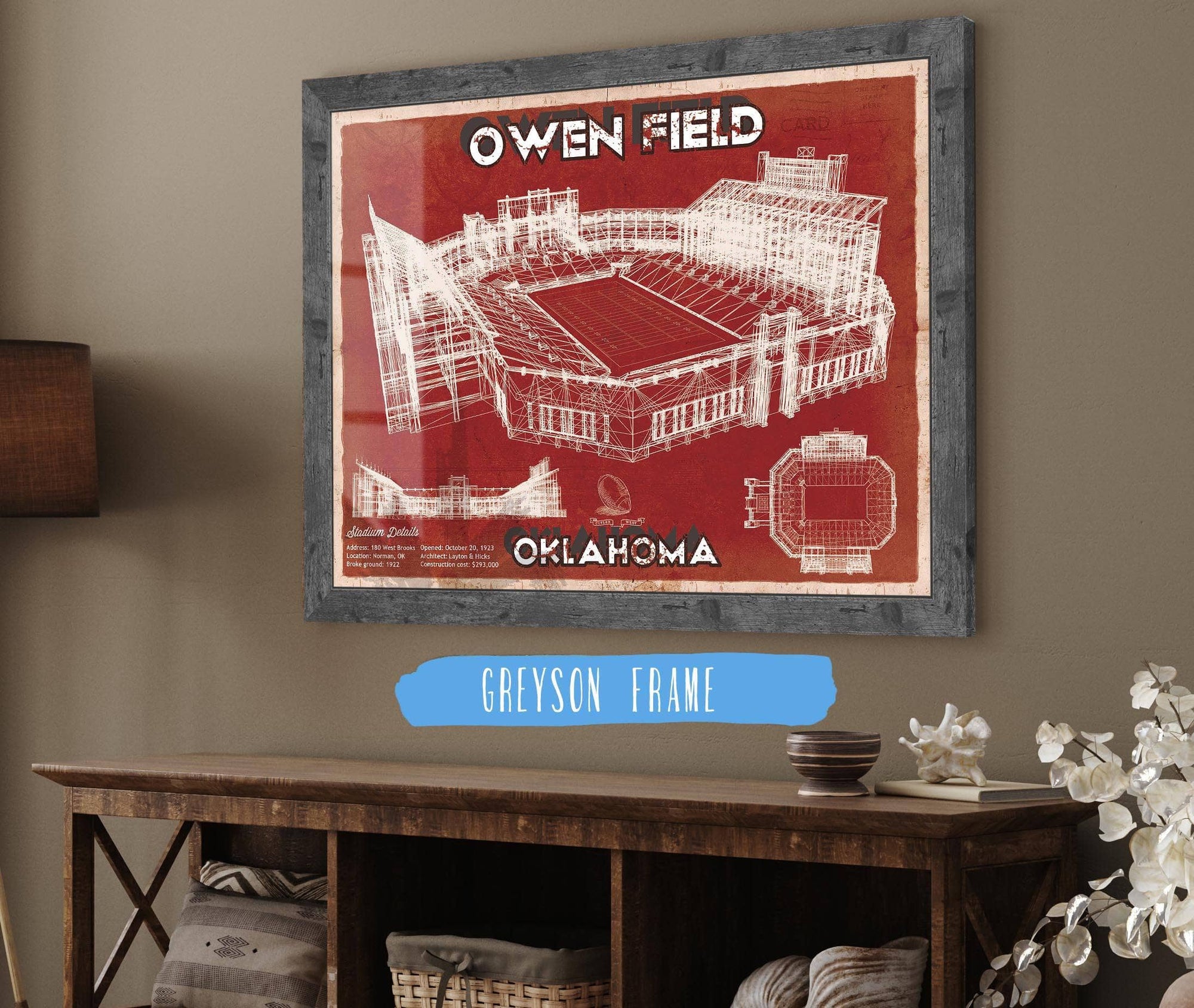 14" x 11" / Greyson Frame Cutler West Oklahoma Sooners Football - Gaylord Family Oklahoma Memorial Vintage Stadium Blueprint Art Print