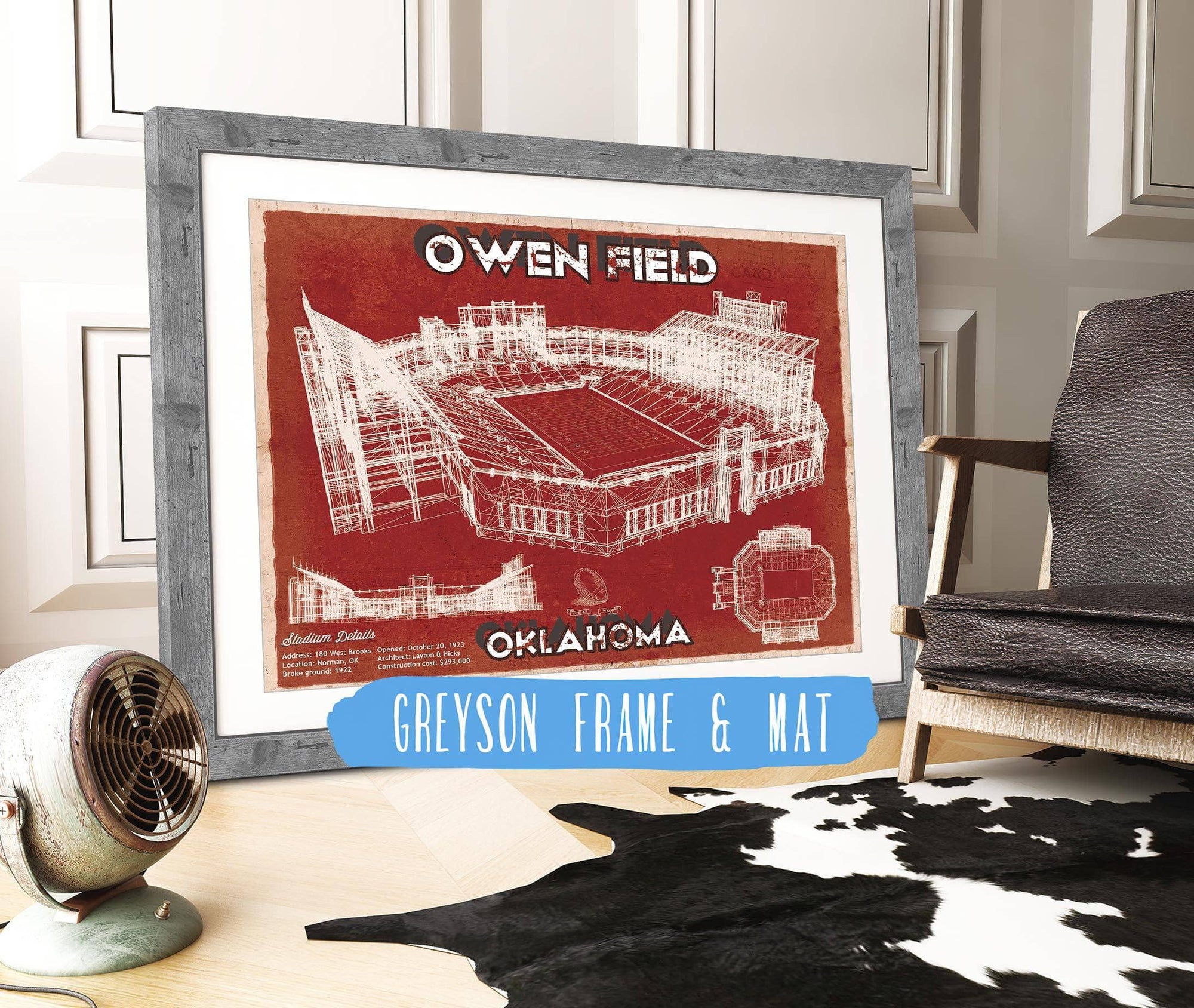 14" x 11" / Greyson Frame & Mat Cutler West Oklahoma Sooners Football - Gaylord Family Oklahoma Memorial Vintage Stadium Blueprint Art Print