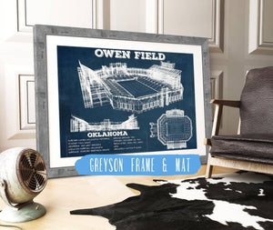 14" x 11" / Greyson Frame & Mat Cutler West Oklahoma Sooners Football Gaylord Family Oklahoma Memorial Vintage Stadium Blueprint Art Print