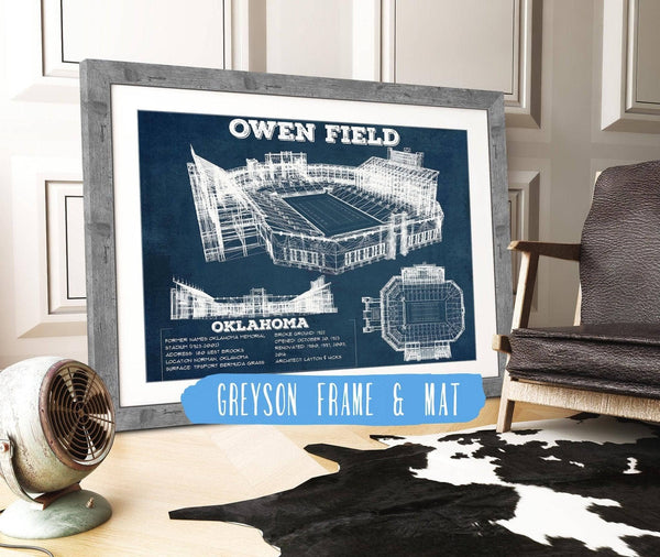 14" x 11" / Greyson Frame & Mat Cutler West Oklahoma Sooners Football Gaylord Family Oklahoma Memorial Vintage Stadium Blueprint Art Print