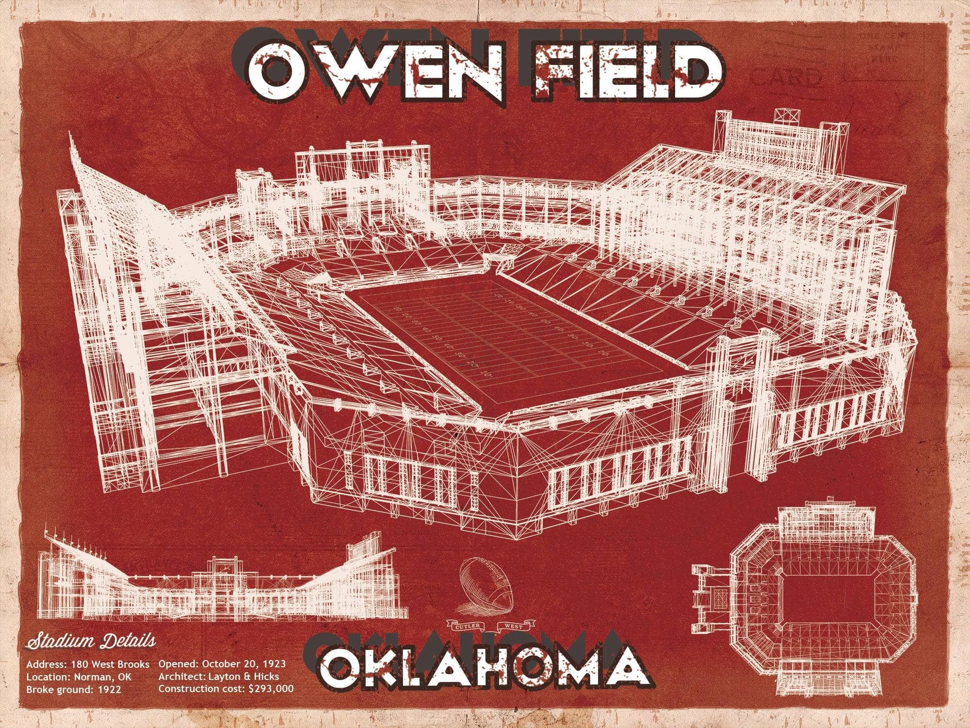 14" x 11" / Unframed Cutler West Oklahoma Sooners Football - Gaylord Family Oklahoma Memorial Vintage Stadium Blueprint Art Print