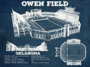 14" x 11" / Unframed Cutler West Oklahoma Sooners Football Gaylord Family Oklahoma Memorial Vintage Stadium Blueprint Art Print