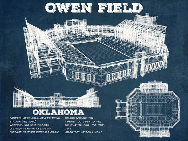 14" x 11" / Unframed Cutler West Oklahoma Sooners Football Gaylord Family Oklahoma Memorial Vintage Stadium Blueprint Art Print