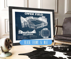 20" x 16" / Black Frame & Mat Cutler West Oklahoma Sooners Football Gaylord Family Oklahoma Memorial Vintage Stadium Blueprint Art Print