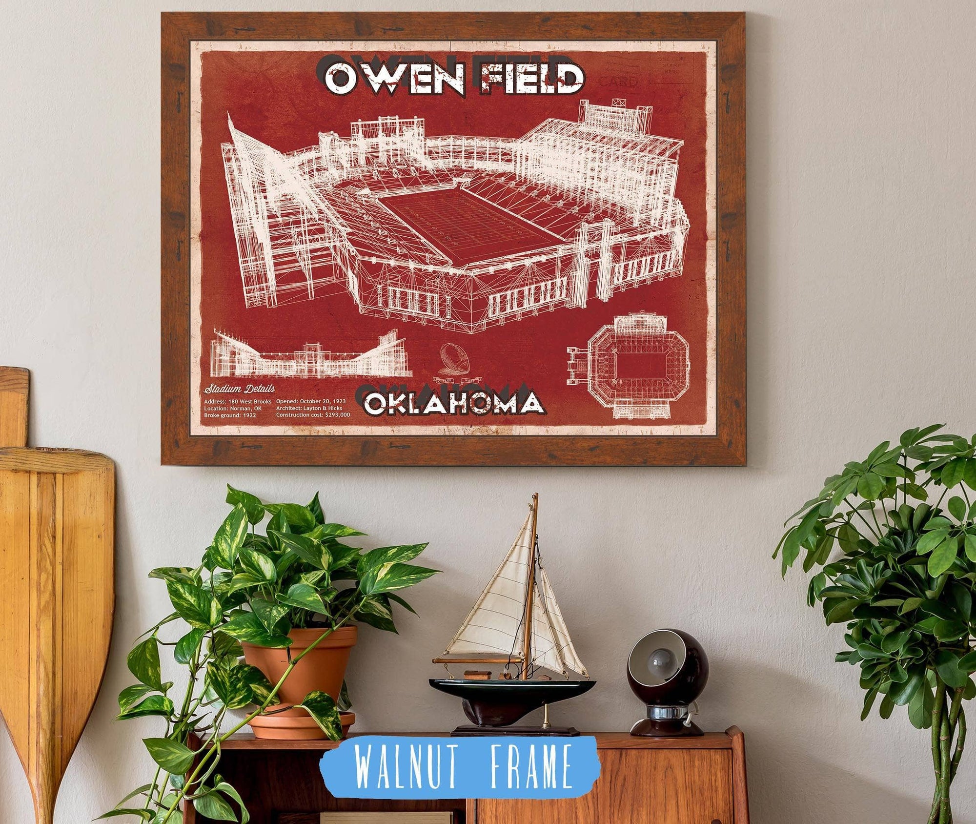 20" x 16" / Walnut Frame Cutler West Oklahoma Sooners Football - Gaylord Family Oklahoma Memorial Vintage Stadium Blueprint Art Print