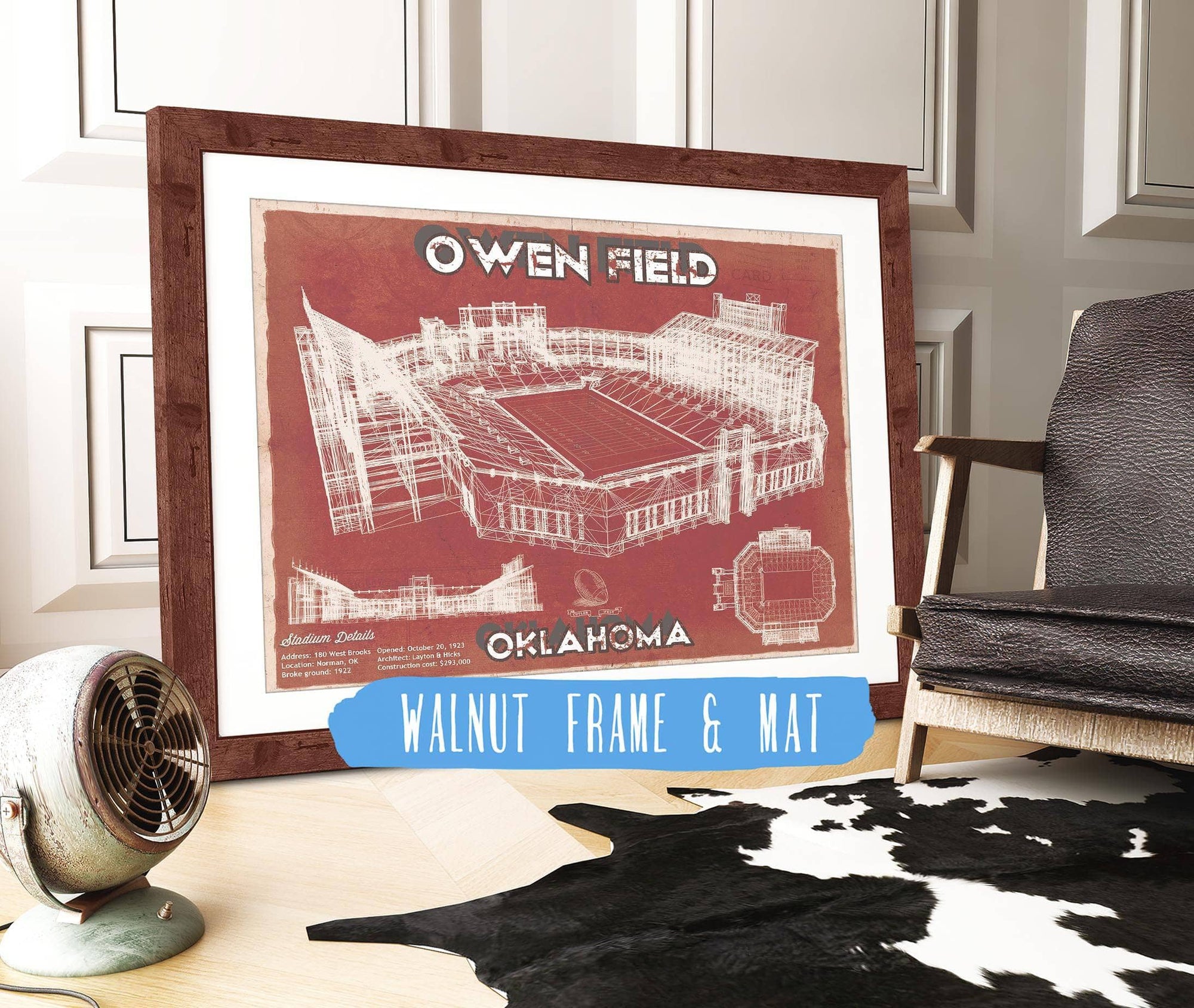 20" x 16" / Walnut Frame & Mat Cutler West Oklahoma Sooners Football - Gaylord Family Oklahoma Memorial Vintage Stadium Blueprint Art Print