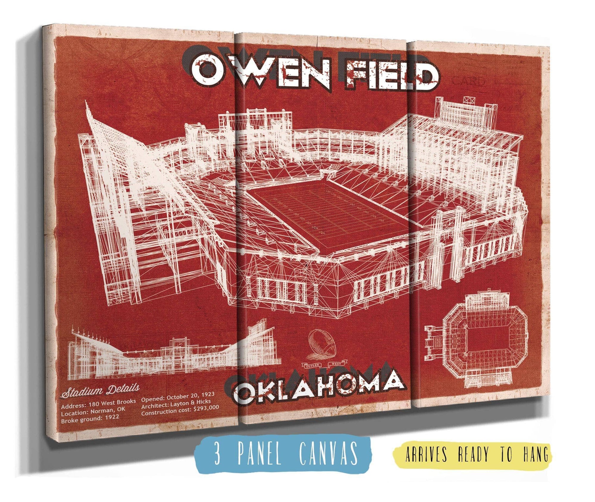 36" x 24" / 3 Panel Canvas Wrap Cutler West Oklahoma Sooners Football - Gaylord Family Oklahoma Memorial Vintage Stadium Blueprint Art Print