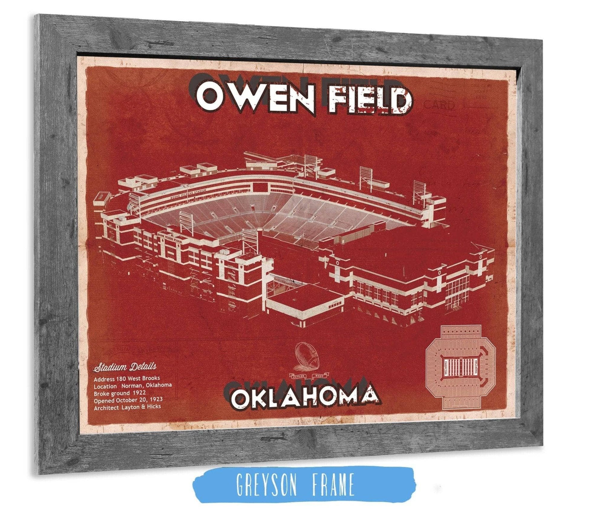 Cutler West College Football Collection 14" x 11" / Greyson Frame Oklahoma Sooners Football - Gaylord Family Oklahoma Memorial Vintage Stadium Blueprint Art Print 933350153_70038