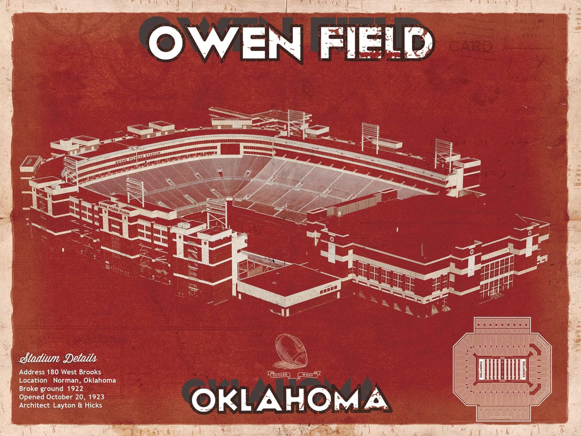 Cutler West College Football Collection 14" x 11" / Unframed Oklahoma Sooners Football - Gaylord Family Oklahoma Memorial Vintage Stadium Blueprint Art Print 933350153_70031
