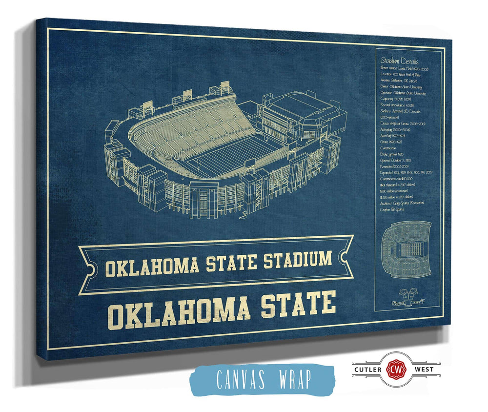 14" x 11" / Stretched Canvas Wrap Cutler West Oklahoma State Cowboys Art - Oklahoma State Stadium Vintage Blueprint Art Print