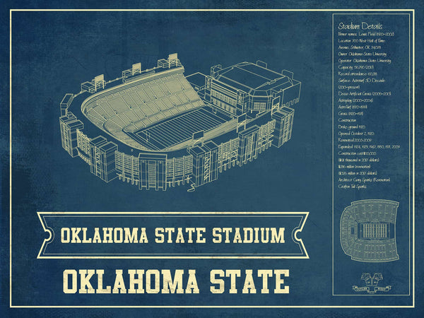 14" x 11" / Unframed Cutler West Oklahoma State Cowboys Art - Oklahoma State Stadium Vintage Blueprint Art Print