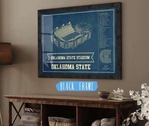 20" x 16" / Black Frame Cutler West Oklahoma State Cowboys Art - Oklahoma State Stadium Vintage Blueprint Art Print