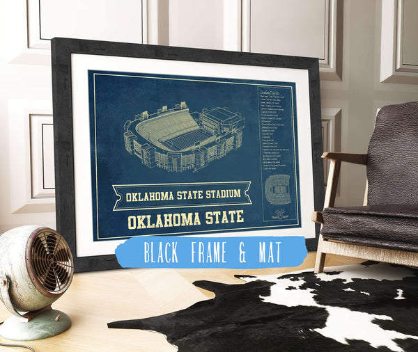20" x 16" / Black Frame & Mat Cutler West Oklahoma State Cowboys Art - Oklahoma State Stadium Vintage Blueprint Art Print
