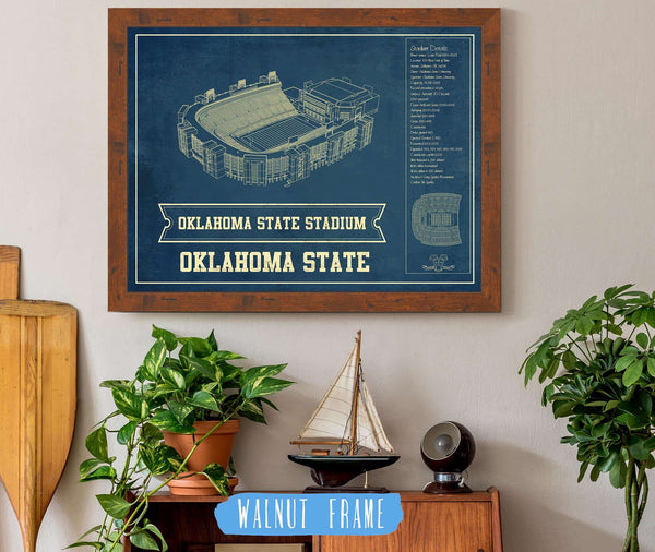 20" x 16" / Walnut Frame Cutler West Oklahoma State Cowboys Art - Oklahoma State Stadium Vintage Blueprint Art Print