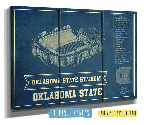 36" x 24" / 3 Panel Canvas Wrap Cutler West Oklahoma State Cowboys Art - Oklahoma State Stadium Vintage Blueprint Art Print