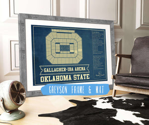 14" x 11" / Greyson Frame & Mat Cutler West Oklahoma State University Cowboys - Gallagher-Iba Arena Seating Chart - College Basketball Blueprint Art