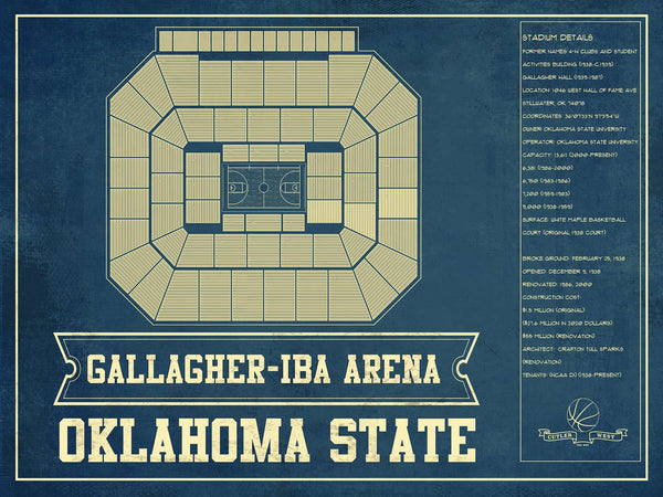 14" x 11" / Unframed Cutler West Oklahoma State University Cowboys - Gallagher-Iba Arena Seating Chart - College Basketball Blueprint Art