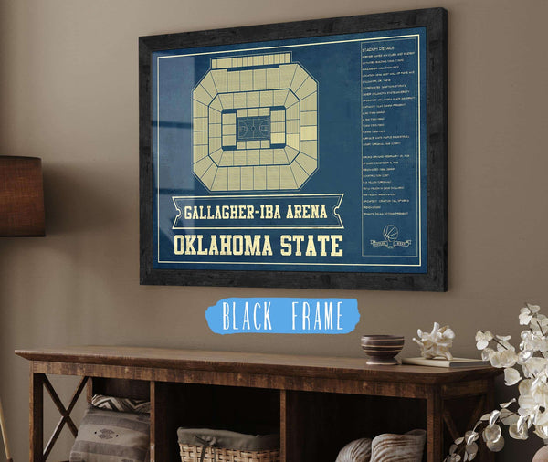 20" x 16" / Black Frame Cutler West Oklahoma State University Cowboys - Gallagher-Iba Arena Seating Chart - College Basketball Blueprint Art
