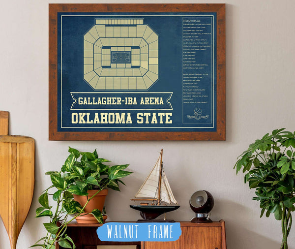 20" x 16" / Walnut Frame Cutler West Oklahoma State University Cowboys - Gallagher-Iba Arena Seating Chart - College Basketball Blueprint Art