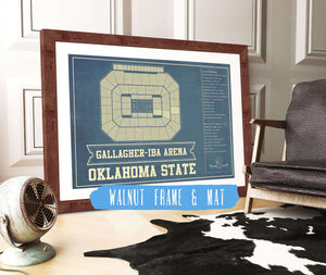 20" x 16" / Walnut Frame & Mat Cutler West Oklahoma State University Cowboys - Gallagher-Iba Arena Seating Chart - College Basketball Blueprint Art