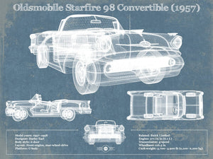 14" x 11" / Unframed Cutler West Oldsmobile Starfire 98 Convertible (1957) Blueprint Vintage Auto Print