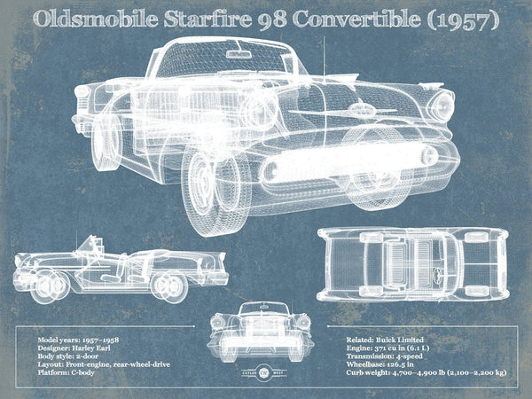 14" x 11" / Unframed Cutler West Oldsmobile Starfire 98 Convertible (1957) Blueprint Vintage Auto Print