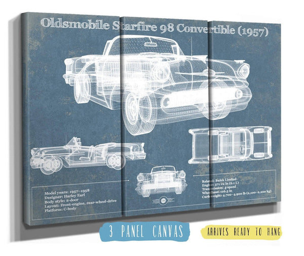 36" x 24" / 3 Panel Canvas Wrap Cutler West Oldsmobile Starfire 98 Convertible (1957) Blueprint Vintage Auto Print