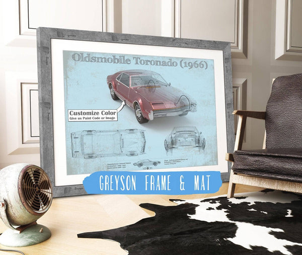 14" x 11" / Greyson Frame & Mat Cutler West Oldsmobile Toronado (1966) Car Original Blueprint Art