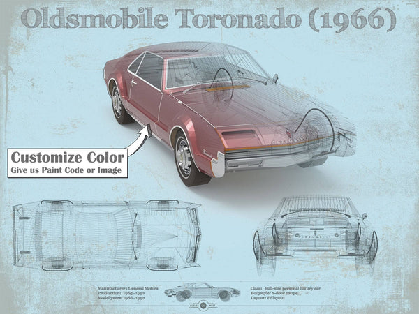 14" x 11" / Unframed Cutler West Oldsmobile Toronado (1966) Car Original Blueprint Art