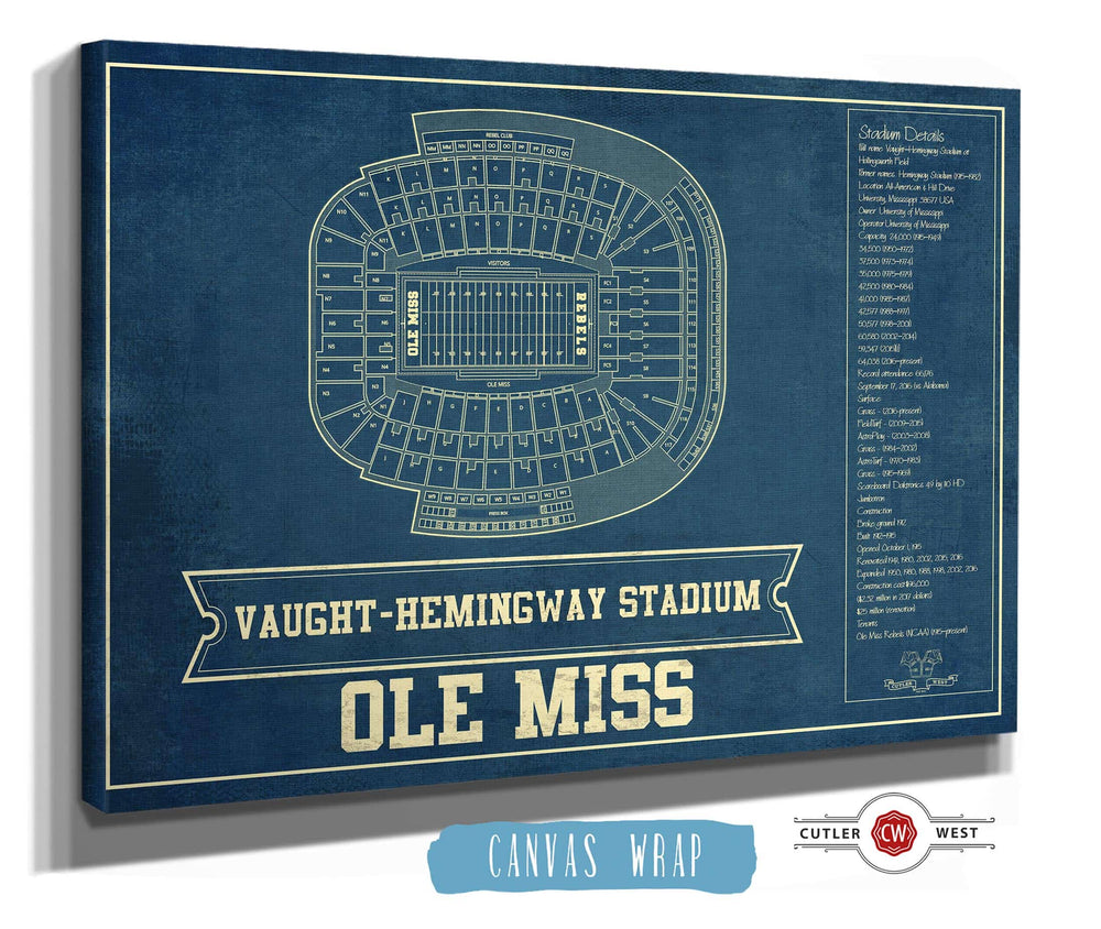 14" x 11" / Stretched Canvas Wrap Cutler West Ole Miss Rebels Stadium Art - Vaught-Hemingway Vintage Stadium & Blueprint Art Print