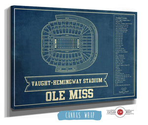 14" x 11" / Stretched Canvas Wrap Cutler West Ole Miss Rebels Stadium Art - Vaught-Hemingway Vintage Stadium & Blueprint Art Print