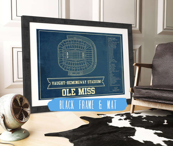 20" x 16" / Black Frame & Mat Cutler West Ole Miss Rebels Stadium Art - Vaught-Hemingway Vintage Stadium & Blueprint Art Print