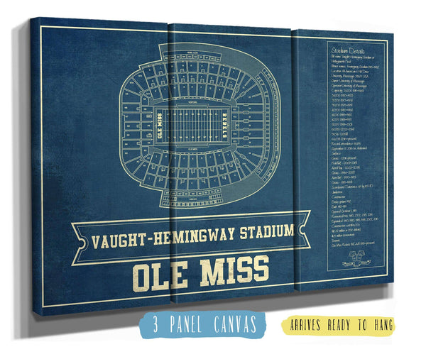 36" x 24" / 3 Panel Canvas Wrap Cutler West Ole Miss Rebels Stadium Art - Vaught-Hemingway Vintage Stadium & Blueprint Art Print
