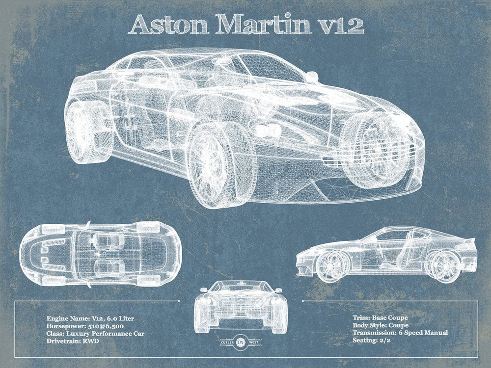 14" x 11" / Stretched Canvas Wrap Cutler West Original Aston Martin V12 Blueprint Vintage Auto Print