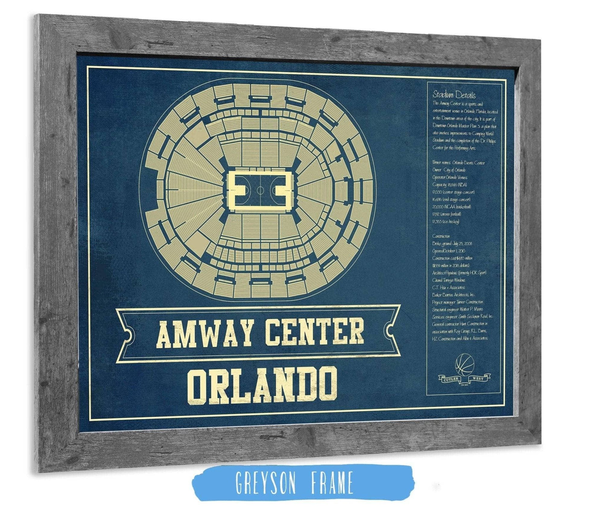 Cutler West Basketball Collection 14" x 11" / Greyson Frame Orlando Magic Amway Center Vintage Basketball Blueprint NBA Print 933350171_77296