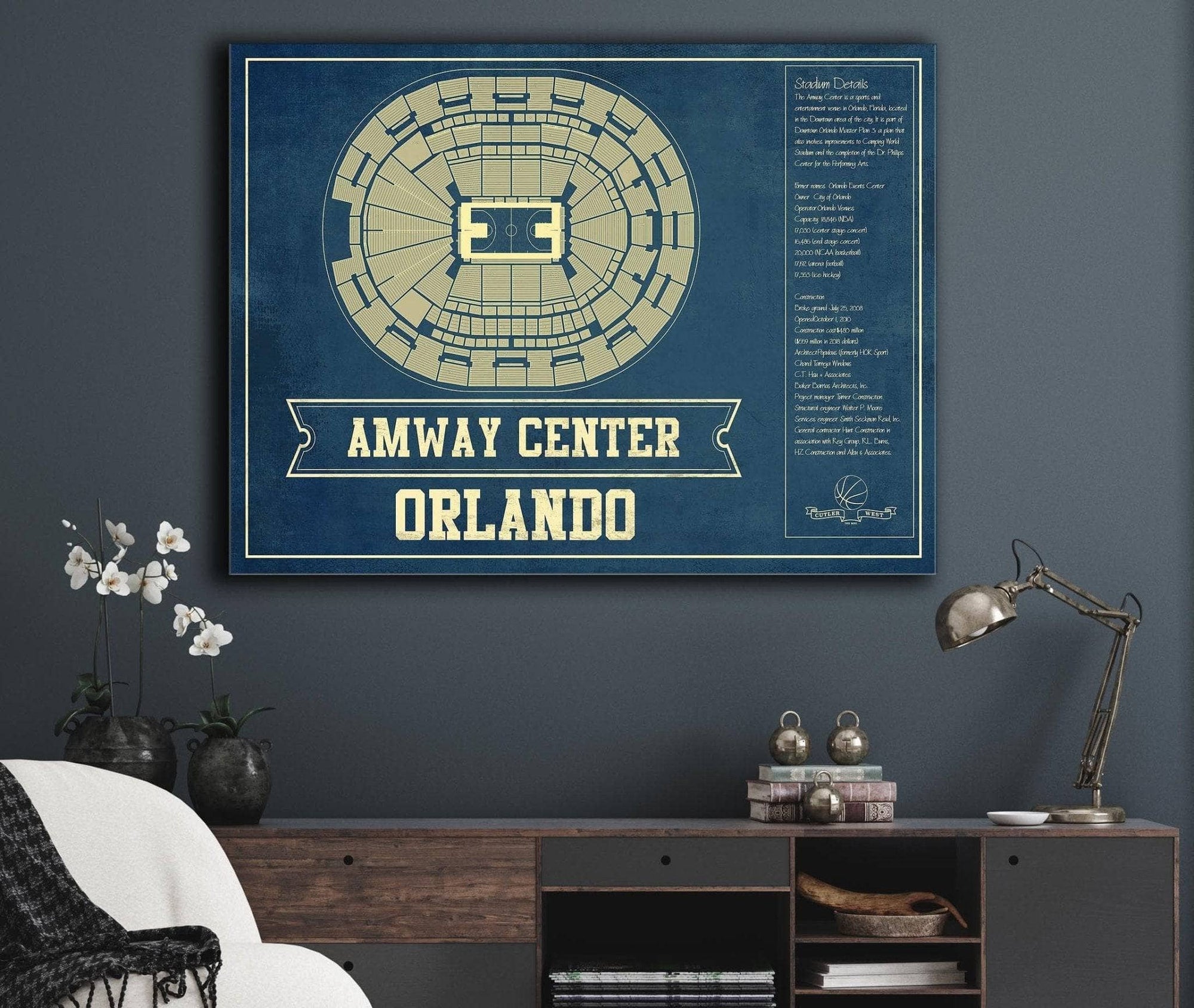 Cutler West Basketball Collection Orlando Magic Amway Center Vintage Basketball Blueprint NBA Print