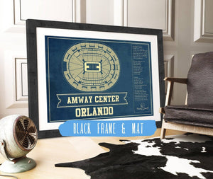 14" x 11" / Black Frame Mat Cutler West Orlando Magic Amway Center Vintage Basketball Blueprint NBA Print