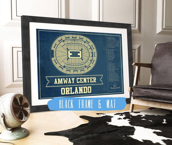 14" x 11" / Black Frame Mat Cutler West Orlando Magic Amway Center Vintage Basketball Blueprint NBA Print