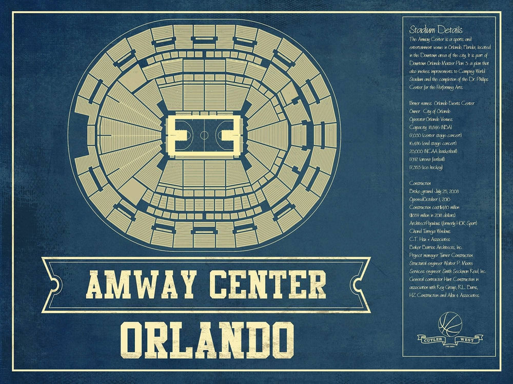 14" x 11" / Stretched Canvas Wrap Cutler West Orlando Magic Amway Center Vintage Basketball Blueprint NBA Print