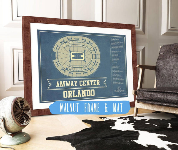14" x 11" / Walnut Frame Mat Cutler West Orlando Magic Amway Center Vintage Basketball Blueprint NBA Print