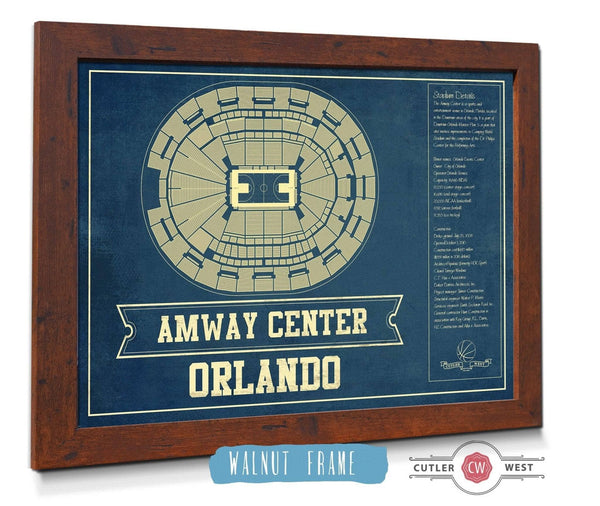20" x 16" / Walnut Frame Cutler West Orlando Magic Amway Center Vintage Basketball Blueprint NBA Print